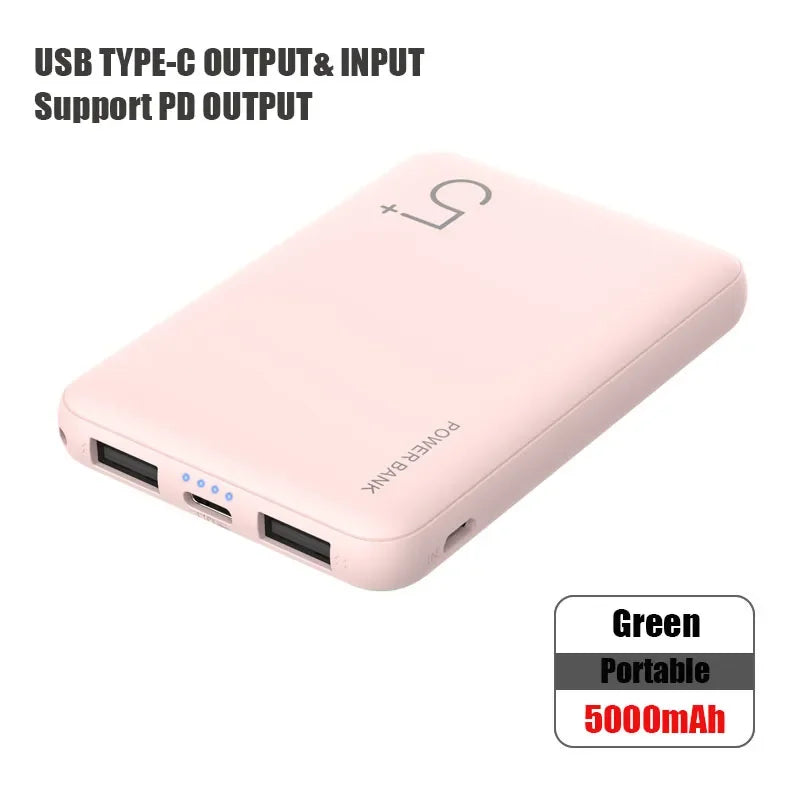 5000mAh Portable Ultra-thin Power Bank With Double USB TYPE C OUTPUT Fast Charging Poverbank For iPhone 14 13 12 8 Xiaomi Huawei